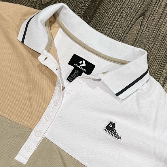 NWOT Converse Color-Blocked Relaxed Polo Shirt Pullover Beige Tan White Small - Picture 2 of 5